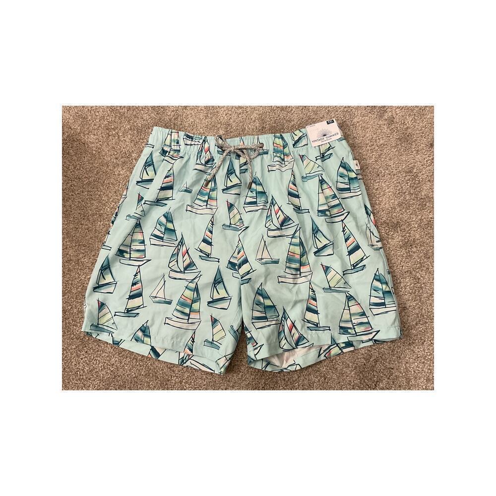 NWT Vintage Summer Men's Dry Fast Sailboats Mint Stretch Swimming Trunks, XXL